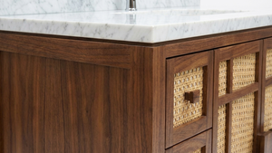 Meuble-lavabo de salle de bain moderne avec portes en rotin incrusté, en bois massif, 48 pouces, sur pied, finition foncée, forme rectangulaire, vasque en pierre, miroir inclus - Product Image 2