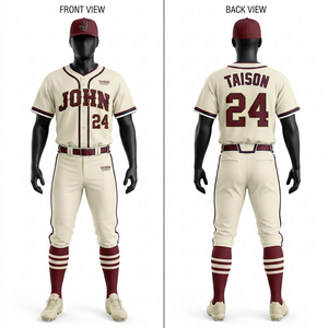 Men's Baseball Uniform GSM Polyester Interlock Breathable Cream Fabric <b>Maroon</b> Piping Panels Custom Tackle Twill Embroidery Logo - Product Image 1