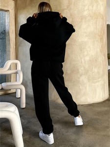 Ensemble de survêtement décontracté en polaire noir unisexe, brodé, respirant, écologique, avec sweat à capuche zippé intégral et pantalon de jogging - Product Image 3
