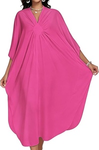 Robe Kaftan ample à col en V et manches courtes pour femme, couleur unie, longueur midi, tissée, style décontracté, idéale pour la plage en été - Product Image 3