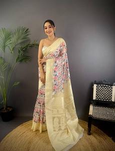 Sari de Seda Banarasi con Estampado Floral y Borde Tejido, Diseño de Alta Costura para Bodas y Fiestas Indias, Seda Suave - Product Image 5