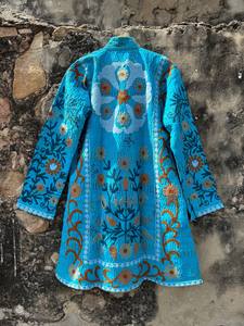 Handcrafted Breathable Cotton <b>Kantha</b> Suzani Embroidered Stand Collar Long <b>Jacket</b> Ethnic Boho Chic Casual Layering Outerwear - Product Image 5