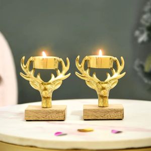 Golden Deer Head Candle Holder Set of 2 Brass Metal Wood Base Classic Decorative Handicraft - Product Image 2
