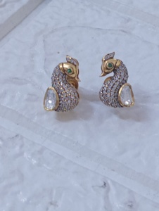 <b>studs</b> <b>earrings</b> in peacock design with polki stone in <b>silver</b> 925 material for Indian wedding handmade jewelry <b>set</b> for women - Product Image 3