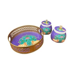 Elegant Decor Metal Pichwai <b>Jar</b> with Tray Antique Finish <b>Decorative</b> Storage <b>Jar</b> for Home Temple and Festive Use - Product Image 1