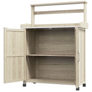 Banco da Giardinaggio con Piano Zincato Finitura Naturale, con Spazio di Archiviazione e Ripiani, Coperture in Gomma per i Piedini per Maggiore Stabilità - Product Image 1