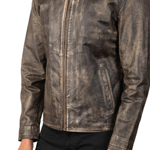 Veste en cuir vintage marron vieilli pour homme, col montant, fermeture éclair, style motard - Product Image 6