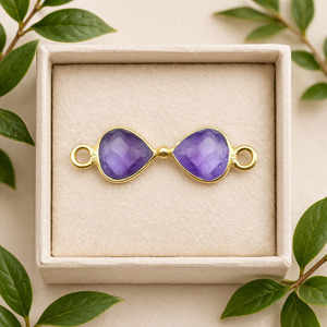 Amethyst Pear Bow Connector 6mm Brass And <b>Silver</b> Bezel Heart <b>Charm</b> | Purple Crystal Jewelry Making Connector for Healing And Lov - Product Image 1