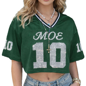 เสื้อเจอร์ซีย์อเมริกันฟุตบอลสีเขียวประดับคริสตัลแบบกำหนดเองสำหรับผู้หญิง เสื้อครอปตาข่ายคอวีพร้อมหมายเลข เสื้อทีมฟุตบอล ผู้ผลิต OEM - Product Image 3