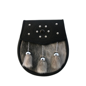 Sporran écossais en fourrure grise à trois chaînes et pompons, en cuir noir, semi-équipé, accessoire de tenue des Highlands pour hommes - Product Image 1