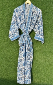 100% Cotton Soft V-neck Full Length Handcrafted <b>Kimono</b> Bathrobe Paisley Floral Block Print Casual Robe Lightweight Sleepwear - Product Image 6
