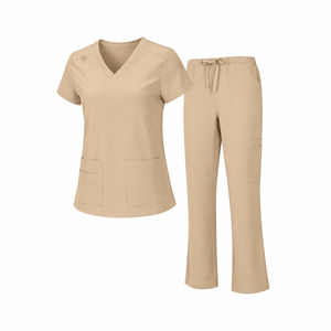 Khaki Medical Scrub Set <b>Womens</b> V Neck <b>Short</b> Sleeve Pocket Top Drawstring <b>Trousers</b> Nursing Uniform Hospital Clinic Apparel Plain - Product Image 4