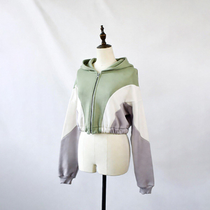Custom Women Color Block Cropped Hoodie Zip Up <b>Patchwork</b> Sweatshirt Streetwear Sage Green Casual Long Sleeve Hooded Jacket <b>Tops</b> - Product Image 1