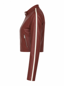 Blouson court en similicuir rouge bordeaux pour femme, style motard, col montant, poches zippées, rayures contrastées, vêtement d'extérieur décontracté et tendance, vente en gros - Product Image 3