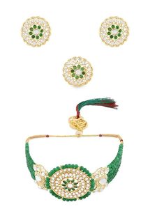 Parure de bijoux vintage en alliage plaqué or pour femme, avec collier, boucles d'oreilles et bague, ornée de cristaux verts et de pierres Kundan, idéale pour les fêtes - Product Image 4