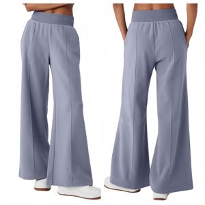 Pantalon large pour femme, couleur unie, coupe ample, taille haute, tricoté élastique, style décontracté, gris, style printemps, style automne - Product Image 4