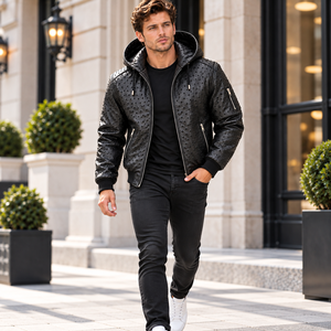 <b>Men</b>’s Embossed Black Ostrich <b>Leather</b> Hooded <b>Bomber</b> Jacket /<b>Leather</b> Puffer Style with Textured Finish for <b>Men</b> - Product Image 2