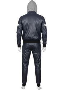 Conjunto Deportivo de Piel Sintética Azul Marino con Capucha para Hombre – Chaqueta Biker con Cremallera Completa y Pantalones Jogger Acanalados, Conjunto de Dos Piezas - Product Image 3