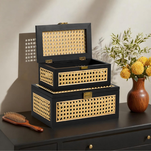 Handcrafted Natural Rattan <b>Decorative</b> <b>Storage</b> Box Organizer with Lid Wooden Frame Set 2 Nesting <b>Boxes</b> from Vietnam - Product Image 3