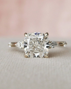 Elegant Cushion Cut <b>Solitaire</b> Diamond Engagement <b>Ring</b> with Pear Side Stones in <b>Silver</b> Finish for Women Wedding Jewelry - Product Image 2