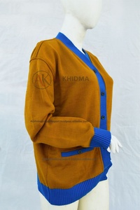 Mustard Brown Striped Cardigan Blue Trim V Neck Full Sleeve Women's <b>Preppy</b> Style Autumn Wear Anti-Pilling Embroidery Appliques - Product Image 4