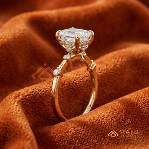 Classic Asscher Cut <b>Solitaire</b> <b>Ring</b> in 14kt Yellow Gold – Multi-Stone Accented Bridal Band - Product Image 2