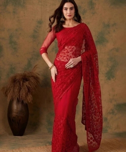 KV Embroidered, Embellished Bollywood Net <b>Saree</b> (<b>Red</b>) - Product Image 1