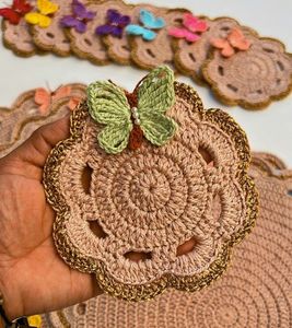 Premium Lovely Handmade Bow Coasters Crochet Pastel Multi Color Vibrant Cotton Heat Proof Home <b>Kitchen</b> Farmhouse Gift Essential - Product Image 2