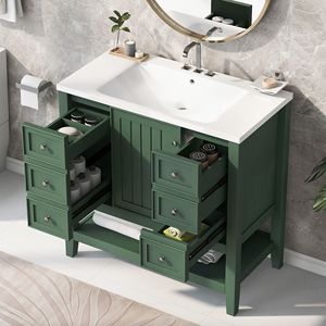 Mobile da Bagno da 36 Pollici in Legno Massello e MDF con Lavabo Integrato, Un Armadietto e Tre Cassetti - Product Image 1