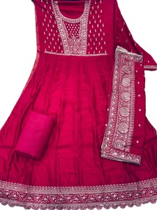 Elegante Conjunto de 3 Piezas Anarkali Salwar Kameez Rojo Sólido para Mujer, Cuello Redondo, Dupatta, Tela Vichitra Pesada de Secado Rápido, Estilo Indio - Product Image 2