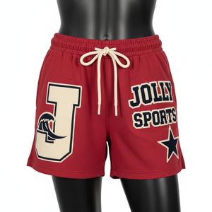 Shorts de bain pour femmes en coton polyester 300 GSM de haute qualité, design graphique rouge, broderie chenille, logo personnalisé - Product Image 4