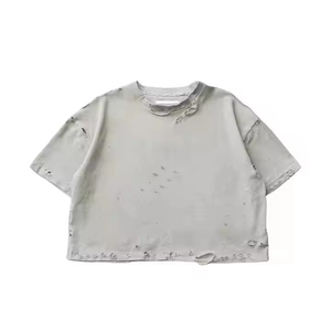 T-shirt court vintage délavé en coton tricoté 100 % pour homme, coupe droite, style streetwear, vente en gros - Product Image 6