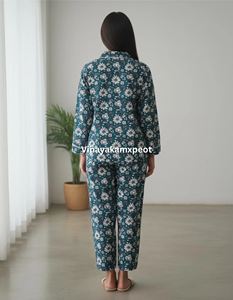 Ensemble de pyjama élégant en coton bleu sarcelle à motifs floraux pour femme, imprimé à la main, manches longues, respirant, séchage rapide, deux pièces, vêtements de nuit d'été - Product Image 6