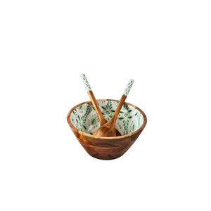 Ensemble de saladiers en bois de manguier faits à la main avec des ustensiles assortis, design floral élégant en émail, grand saladier écologique - Product Image 4