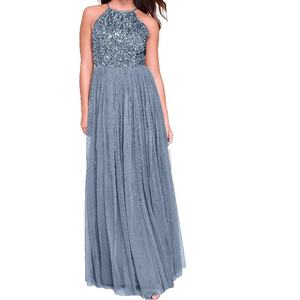 Modern Elegant Halter Neck Embellished <b>Sequin</b> Top Pleated Maxi Bridesmaid Dresses Empire Waistline Plus Size Tulle <b>Skirt</b> - Product Image 3