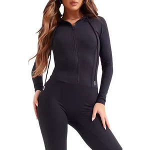 Combinaison longue pour femme, bleue, taille haute, manches longues, col polo, fermeture éclair, couleur unie, décontractée, respirante, en spandex et polyester - Product Image 4