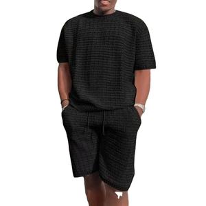 Vente en gros de t-shirts à manches courtes en tricot respirant de couleur unie pour hommes, costume pour printemps automne décontracté, 2 pièces, vacances de sport - Product Image 1