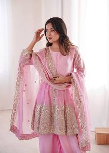 Luxury Pure Soft Silk Embroidered Kurti Plazzo Dupatta <b>Set</b> for Women – Heavy Sequence & Dori Work - Product Image 6
