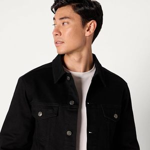 Men's Black <b>Denim</b> Jacket Casual Button Front Regular Fit Solid Color Autumn Wear Woven Cotton <b>Material</b> - Product Image 3