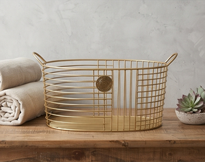 Fine Quality Metal Wire <b>Storage</b> <b>Basket</b> With Handles Elegant Multi Purpose Neatening Organizer <b>Gold</b> Finish - Product Image 5