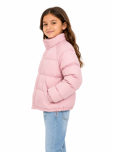 Livster Girls' Pink Winter <b>Hoodless</b> <b>Puffer</b> <b>Jacket</b> Warm Insulated Printed Design Stand Collar Full Front Snap Buttons - Product Image 2