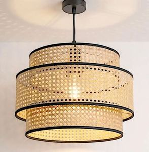 Lámpara Colgante Redonda de Ratán E27 LED con Pantalla Negra Tipo Tambor, Luz Blanca Cálida Suave de 2700K para Sala de Estar - Product Image 1