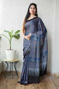 Sari en pure soie modal avec imprimé Ajrakh exclusif - Teinture naturelle, imprimé à la main au bloc, motif Ajrakh - Product Image 1