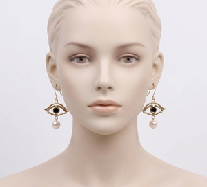 Pendientes de latón hechos a mano con forma de ojo, modernos, con esmalte negro, pupilas, gotas de perlas de agua dulce, revestimiento protector resistente al deslustre, regalo - Product Image 3