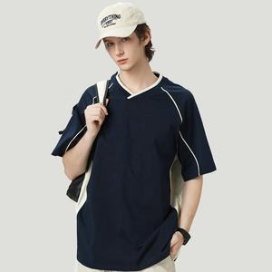 High Quality 260gsm 60% Cotton 40% Polyester <b>Oversized</b> Athleisure Jersey Contrast Piping Raglan Sleeve <b>V</b>-<b>Neck</b> <b>T</b>-<b>shirt</b> For Men - Product Image 3