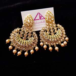 Chandbali Hoop Earrings-Gold Plated Pearl Studs Ethnic Religious Classic Design for Party - Product Image 1