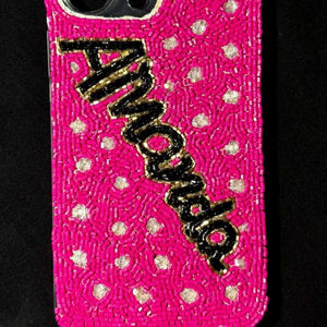 Llavero de pulsera personalizado hecho a mano para mujer con lentejuelas y cuentas, diseño de estrella, cuentas naranjas y dijes para bolso - Product Image 1