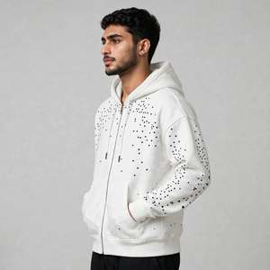 Sudadera con capucha y cremallera personalizada con pedrería blanca para hombre, estilo oversize, lavada, estilo streetwear, chaqueta de otoño, fabricada 100% en algodón. - Product Image 4