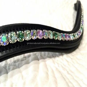 Noir ou marron Bande de front de cheval en cuir vide en forme de canal avec rembourrage doux de vache cousu et cristaux de marque design bling - Product Image 2