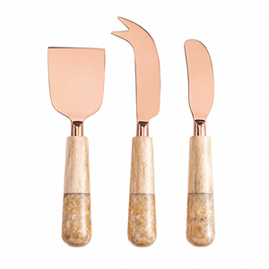 Juego de Cuchillos para Queso de Lujo de 3 Piezas en Acero Inoxidable Color Oro Rosa con Mangos Ergonómicos de Madera y Resina, Elegante Accesorio para Tabla de Charcutería - Product Image 1